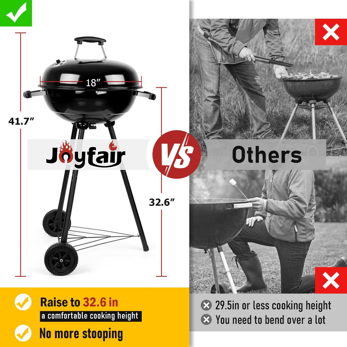 Joyfair Kettle Charcoal Grill (18 Inch), Outdoor Barbecue Grill for Camping/Backyard/Tabletop Grilling, Portable Round Smoker with Wheels, Enameled Lid & Fire Bowl, Dual Venting System, Black - CookCave