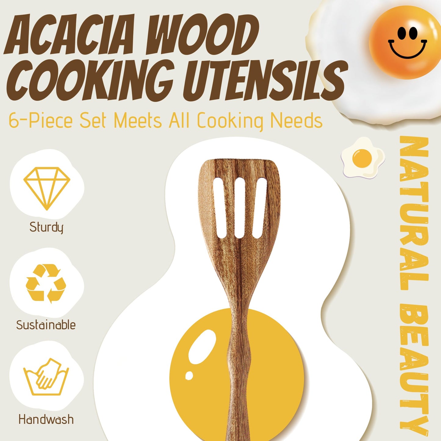 KARRYOUNG Acacia Wood Spoons for Cooking - 6 Piece Non Stick Wooden Spoon Set - with Slotted Spoon, Salad Fork, Spatula, Pasta Server-Natural Wood Kitchen Utensil Sets - CookCave