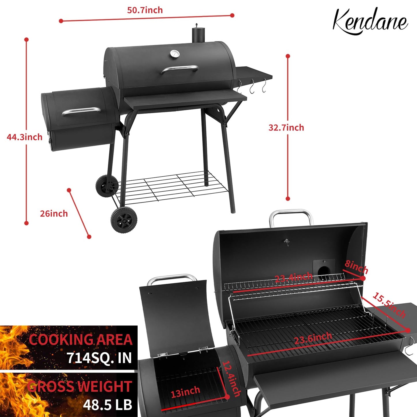 Kendane Barrel Charcoal Grill with offset smoker, 714 Square Inches Cooking Area, Outdoor BBQ Grill with Front and Side Shelf, Perfect for Backyard, Patio Parties and Picnics - CookCave