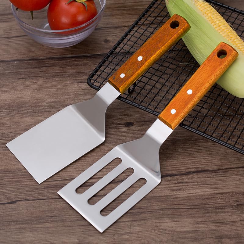 KLAQQED 2 PCS Metal Spatula for Cast Iron Skillet, Stainless Steel Grill Spatula Slotted Spatula Turner Fish Spatula with Wood Handle, Flat Top Grill Spatula, Griddle Metal Spatulas for Cooking BBQ - CookCave
