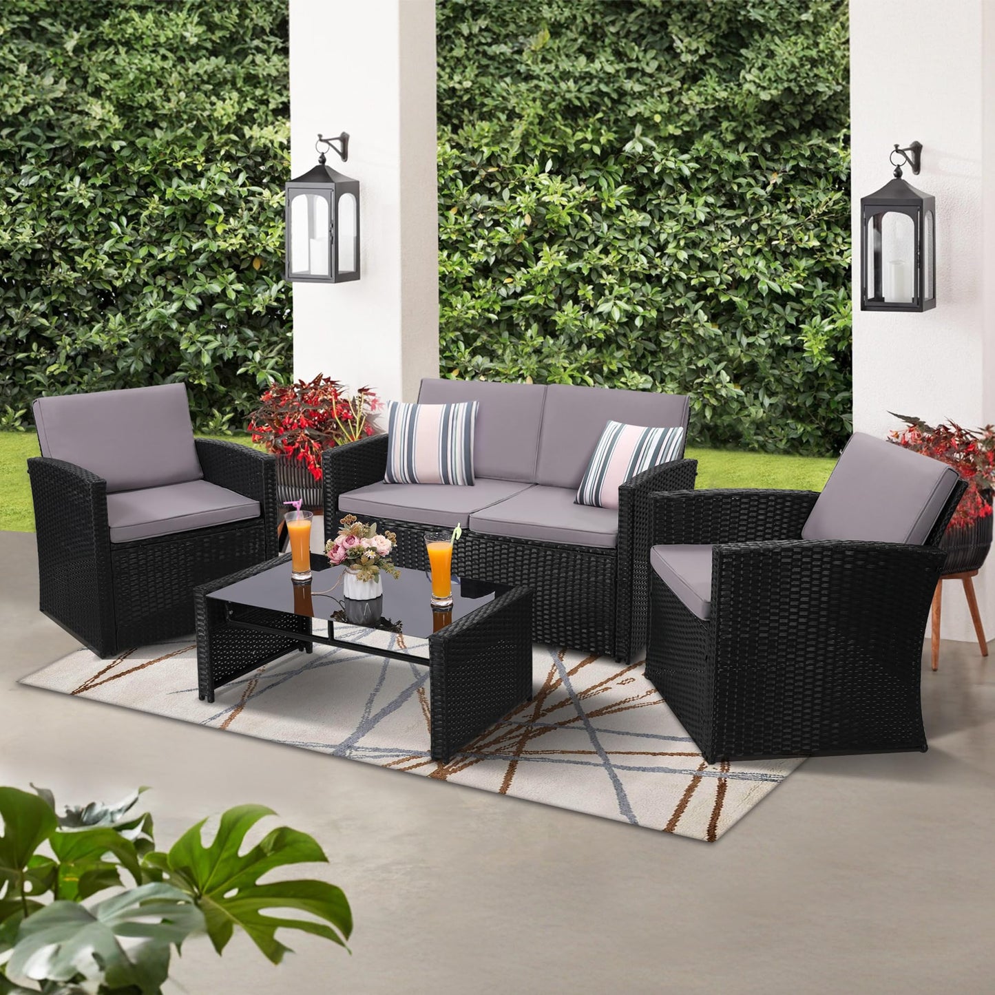 KROFEM 4 Pieces Patio Conversation Set, Outside Rattan Sectional Sofa, Cushioned Furniture Set, Wicker Sofa Ideal for Garden, Porch, Backyard, Black Color Rattan and Light Grey Cushion - CookCave