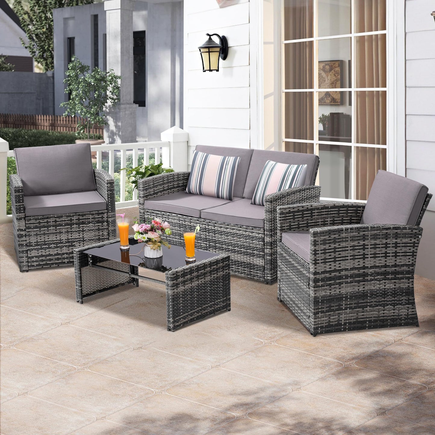KROFEM 4 Pieces Patio Conversation Set, Outside Rattan Sectional Sofa, Cushioned Furniture Set, Wicker Sofa Ideal for Garden, Porch, Backyard, Grey Color Rattan and Light Grey Cushion - CookCave