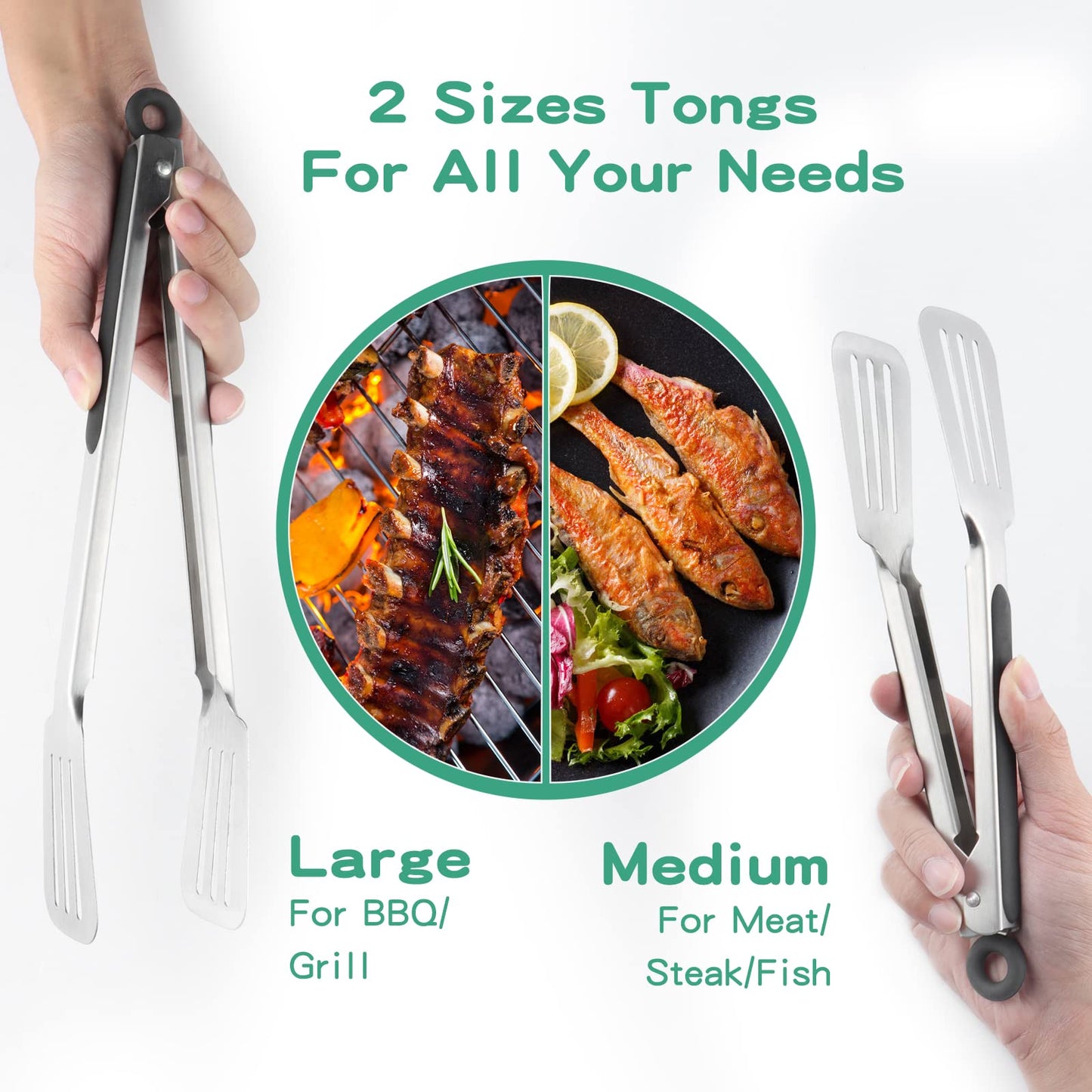 Lebabo Metal Tongs for Cooking, Set of 2 Stainless Steel Spatula Tongs for Grilling, Cooking and Flipping, Strong Grip for Ribs, Steak and Fish, Comfortable Grip, Easy Pull Lock, 9 inch & 12 inch - CookCave