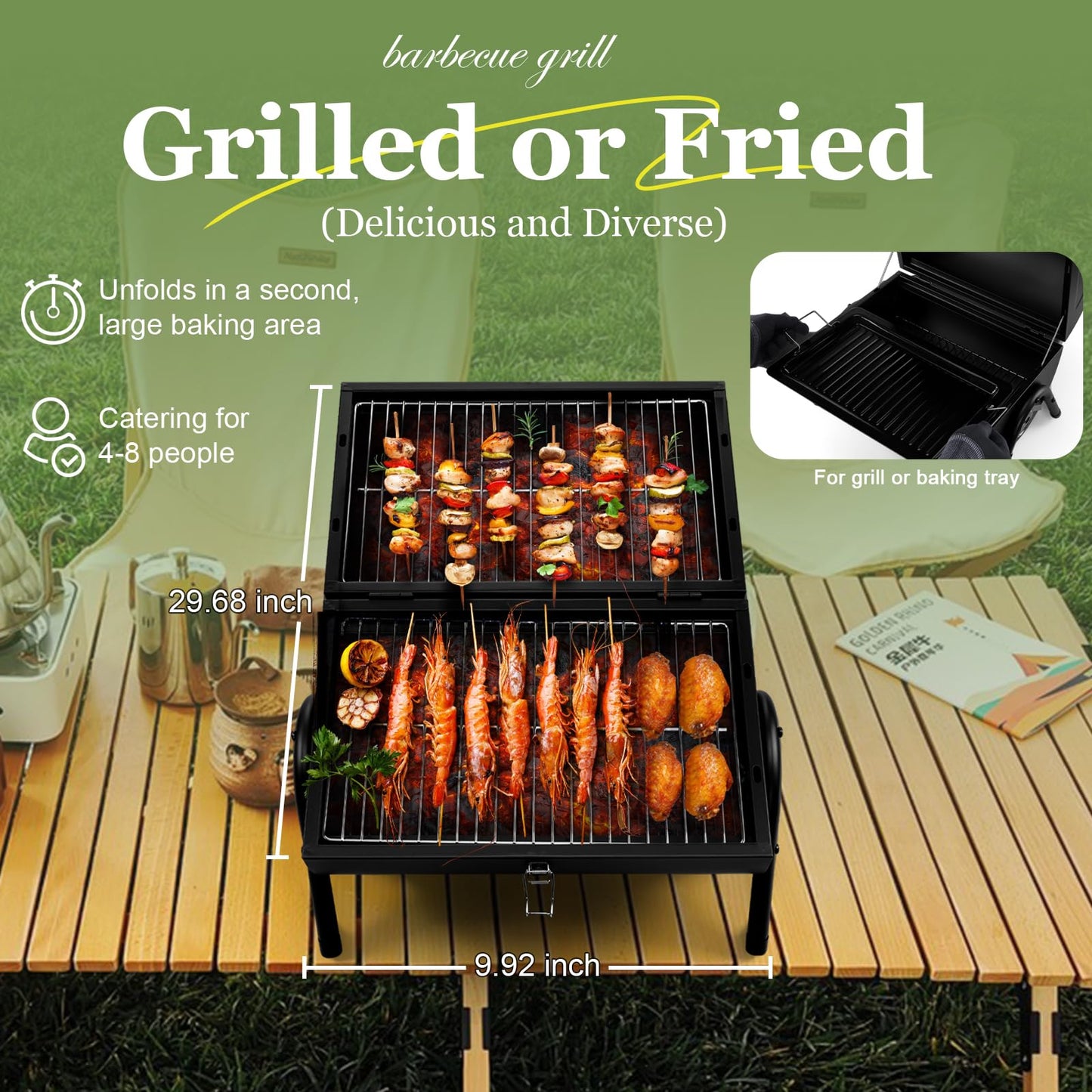 Leonyo Portable Charcoal Grill, Small BBQ Grill with Food Tray & Rack, Metal Small Tabletop Barbecue Smoker Ideal for Outdoor Camping Grilling Party Picnic, Two Side Carbon Griller(235Sq.in) - CookCave