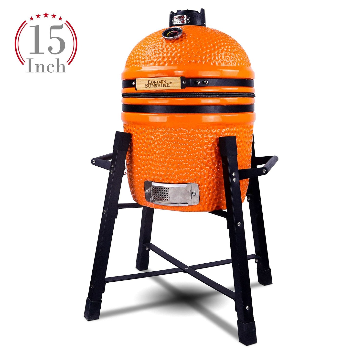 London Sunshine Ceramic Kamado Charcoal BBQ Grill and Smoker, Stainless Steel Grates -15" Ceramic with Tall Stand (ORANGE) - CookCave