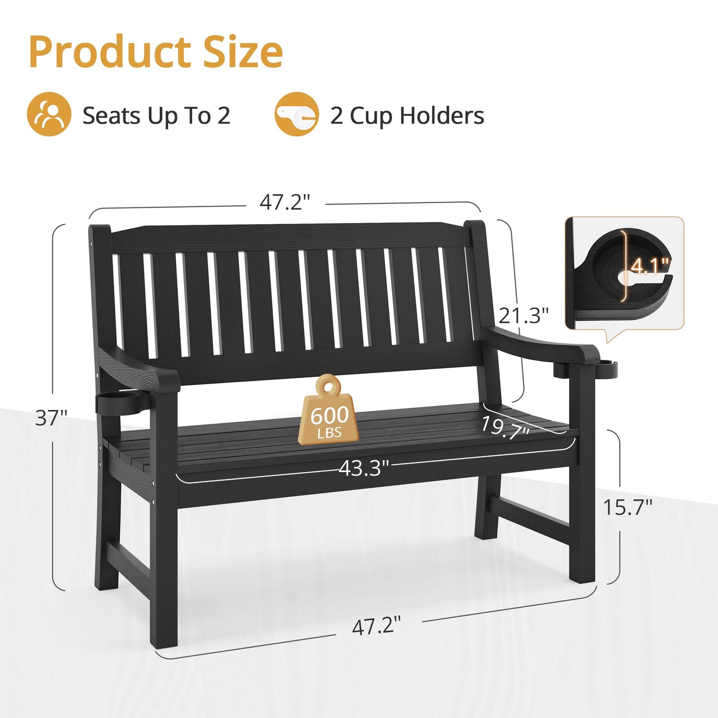 LUE BONA Outdoor Bench, 2-Person HDPS Garden Bench, Outdoor Benches Weatherproof, All-Weather Fade/Rot Resistant Patio Bench for Park, Front Porch, Backyard (Black) - CookCave