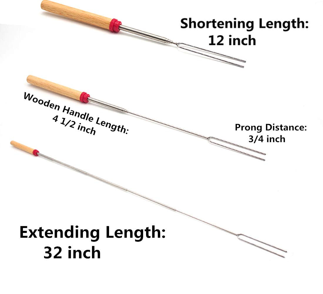 Marshmallow Roasting Sticks Wooden Handle Set of 12 Smores Skewers Telescoping Forks 32 inch with Portable Bag for Hot Dog Campfire Camping Stove BBQ Tools - CookCave