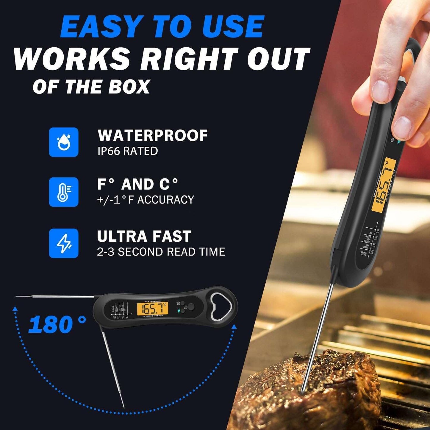 Meat Thermometer Digital, Instant Read Meat Thermometer for Grill and Cooking, with Bottle Opener, Backlight & Calibration Food Thermometer, Kitchen Gadgets for BBQ, Turkey, Candy, Liquids - CookCave