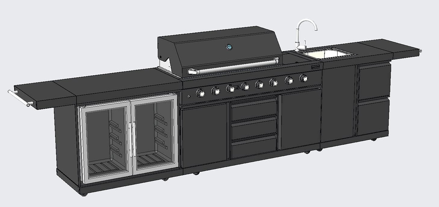 Modular 3 Piece Island Electric and Propane or Natural Gas BBQ Outdoor Black Stainless Steel Grill Kitchen with Double Wine Refrigerator, Sink, Rotisserie, Black Marble Top and FREE Protective Cover - CookCave
