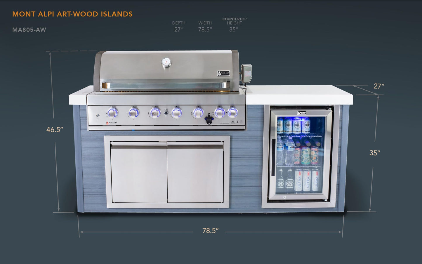 Mont Alpi MA805-AW Artwood HDPE All Weather Built-in 6-Burner 44 inch 87000 BTU Propane Natural Gas Stainless Steel Outdoor Kitchen Barbecue Island Grill + White Granite Countertops + Fridge Cabinet - CookCave