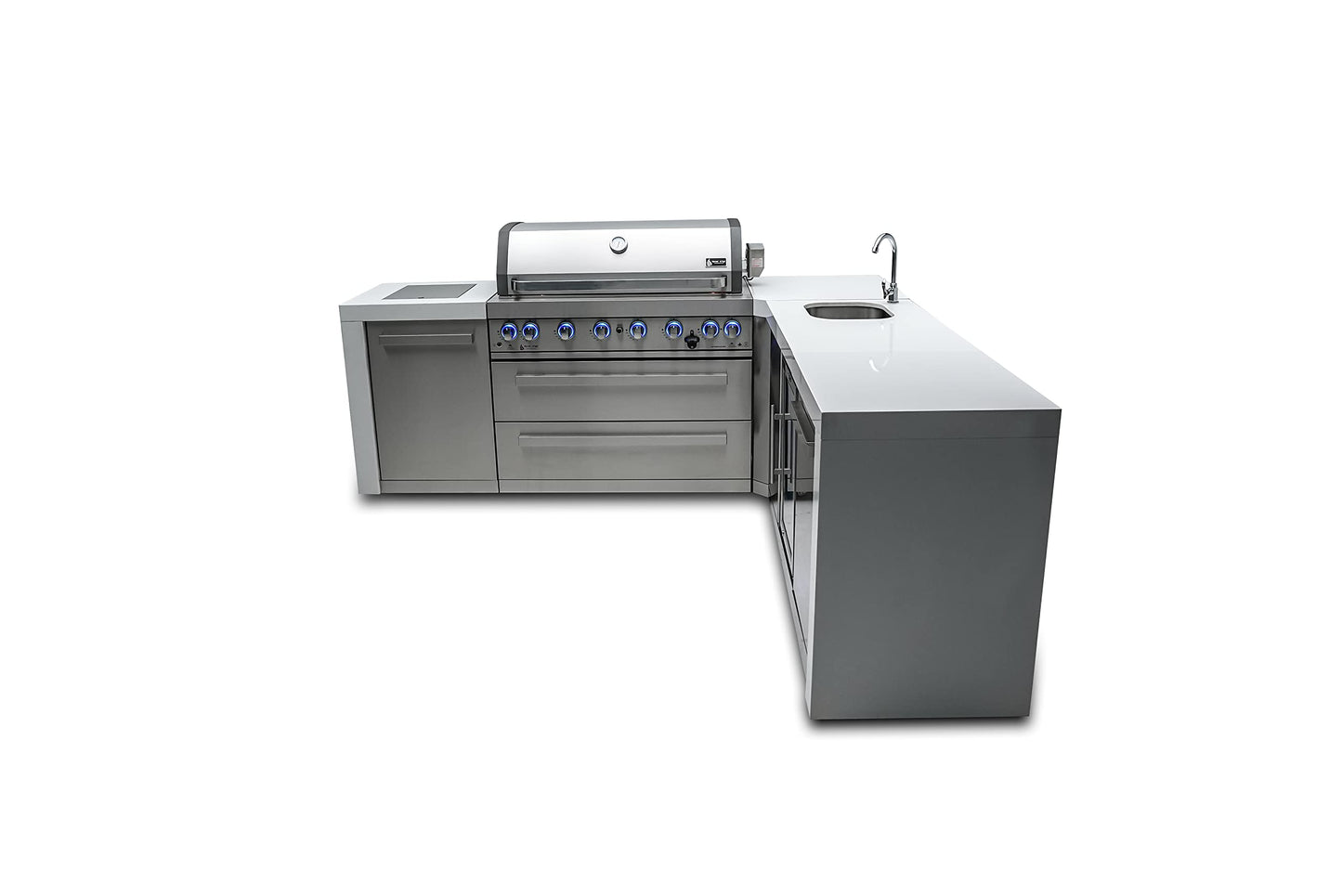 Mont Alpi MAi805-D90BEV Deluxe 90 Degree 6-Burner 115000 BTU Deluxe Stainless Steel Island Outdoor Kitchen Gas Barbecue Grill w/Wine Cooler Beverage Center Granite Countertops + Faucet & Sink - CookCave