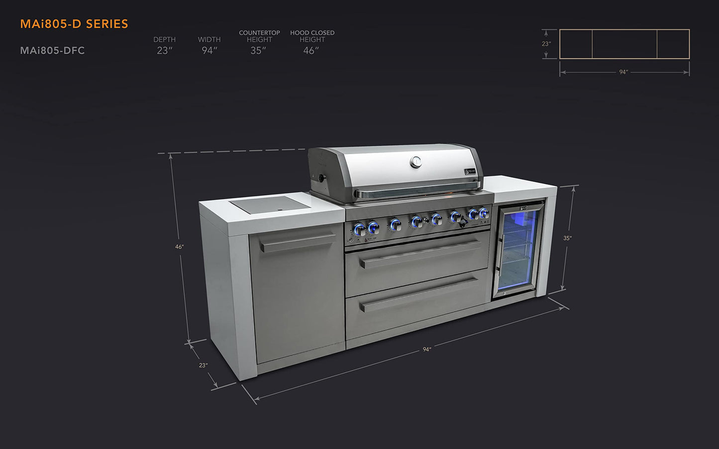 Mont Alpi MAi805- DFC 6 Burner 44-inch Stainless Steel Deluxe Modular Outdoor Kitchen Island BBQ Grill with Fridge Cabinet + Side Burner + Granite Countertops & Sides + Rotisserie and Grill Cover - CookCave