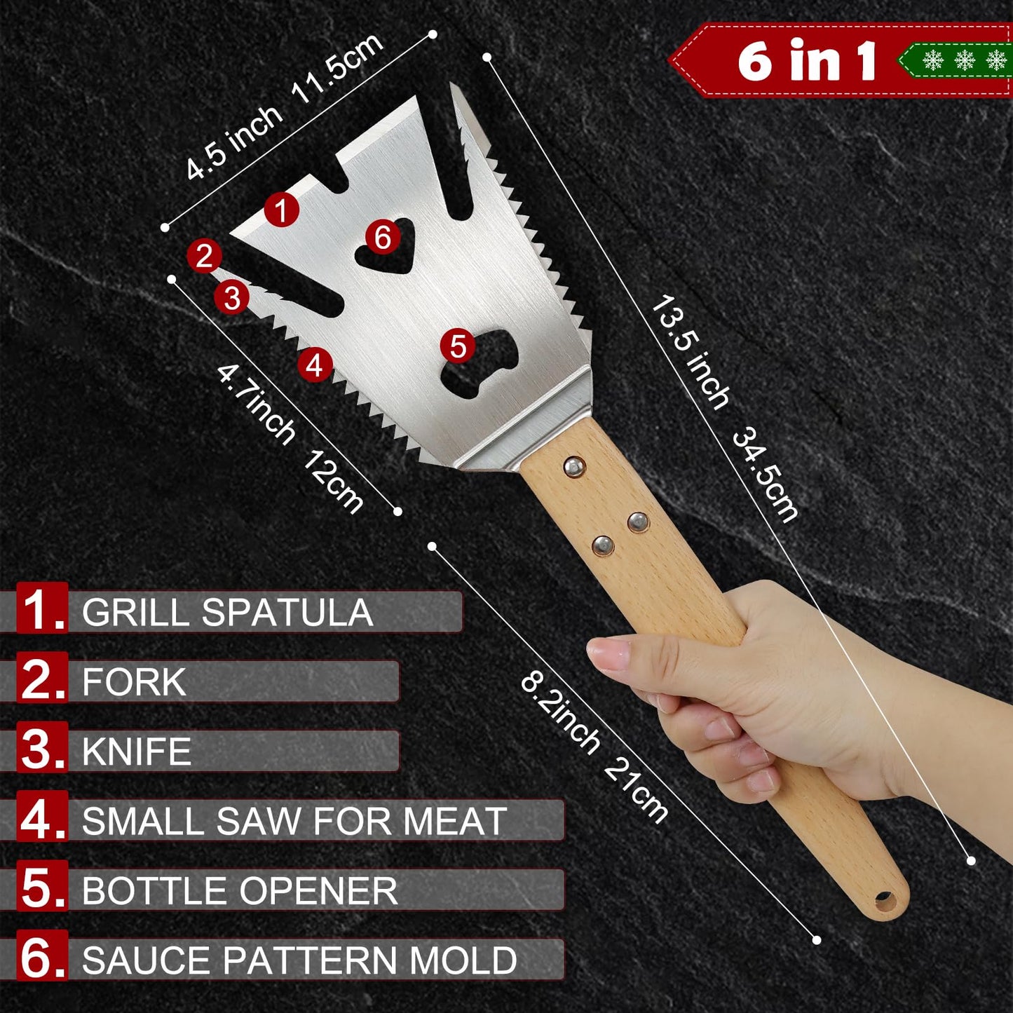 Mordx Grill Spatula for Outdoor Grill,Multifunction Grill Spatula with Wooden Handle,BBQ Spatula for Grill,6 in 1 Grilling Tools 14" Long Barbecue Tools,Perfect BBQ Gifts for Men - CookCave