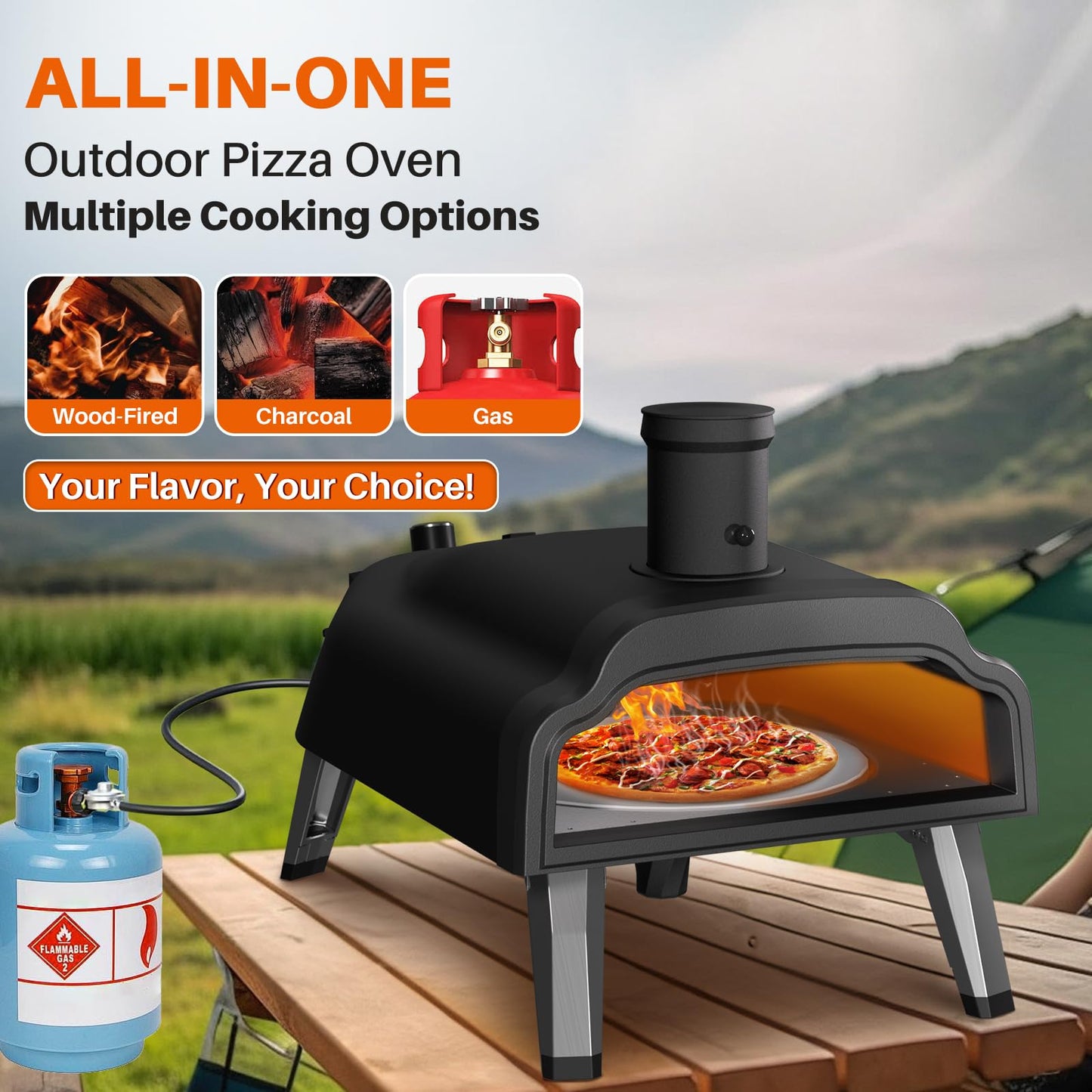 Multi-Fuel Pizza Oven Outdoor,12" Wood Fire & Propane Pizza Oven, Portable Rotating Pellet Gas Pizza Maker for Grill with Thermometer,Dual Fuel Stainless Steel Pizza Maker for Backyard Camping - CookCave