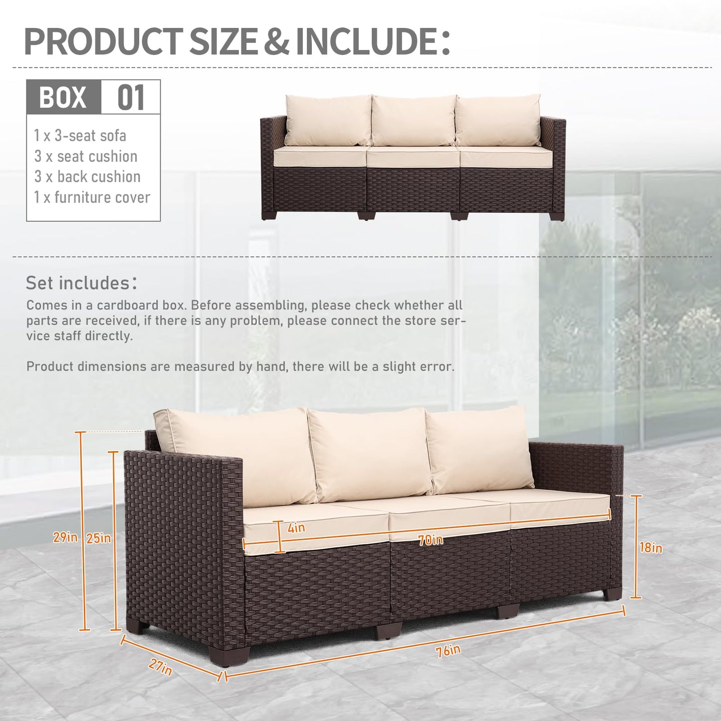 Oasishine Patio Furniture 3-seat Sofa Wicker Outdoor Furniture Outdoor Couch Deep Seat Hight Backrest Non-Slip Cushions, Khaki - CookCave