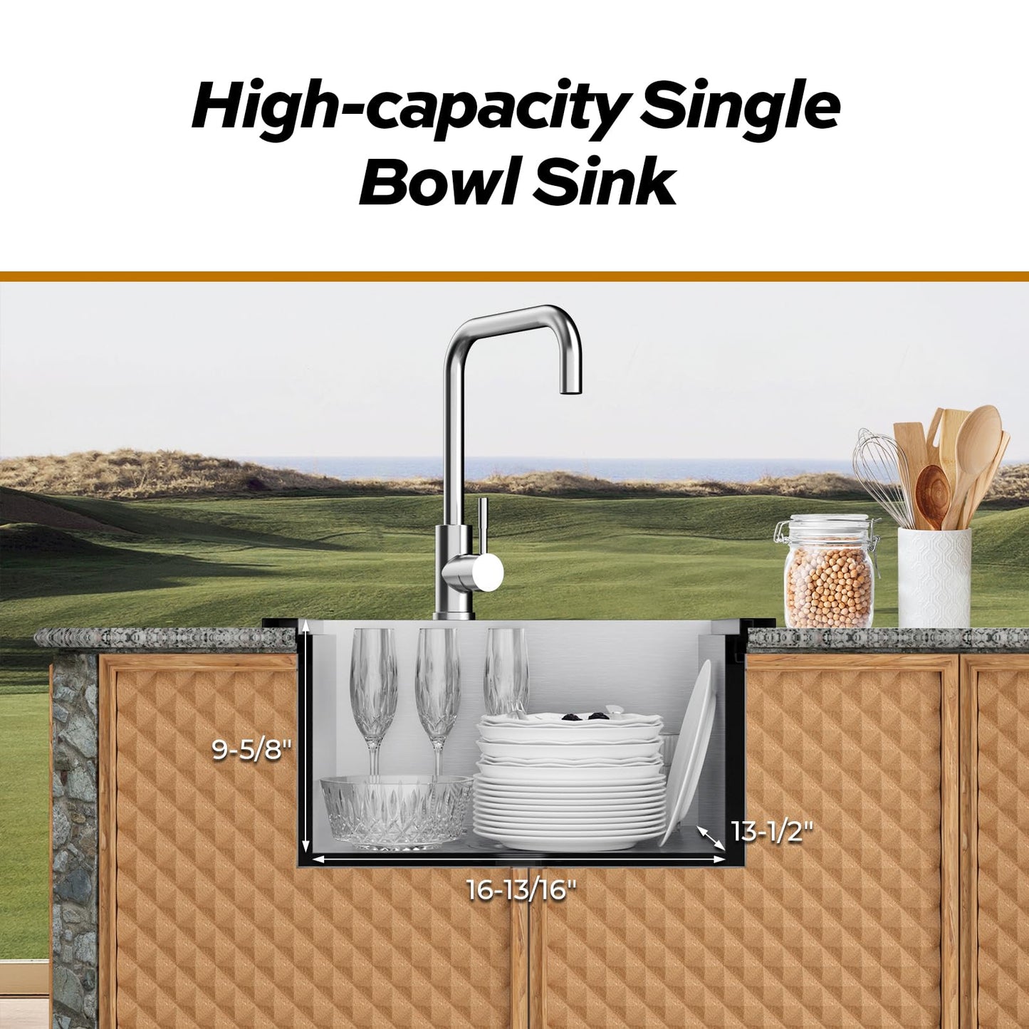 Outdoor Sink, TECASA 21 x 18 Inch Drop-in Workstation Kitchen Sink with Dust Lid and Faucet, T304 Stainless Steel Single Bowl Bar Basin with Cutting Board for Garage, RV, BBQ & Gardening - CookCave