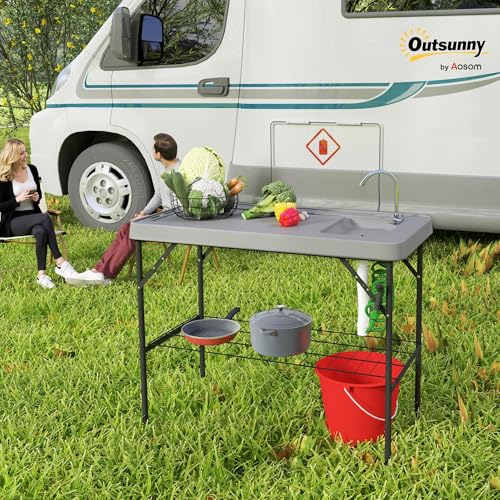 Outsunny Folding Fish Cleaning Table with Sink, Portable Camping Sink Station with Faucet, Drainage Hose, Sprayer and Grid Rack, Outdoor Fillet Table for Picnic Beach Patio, Gray - CookCave