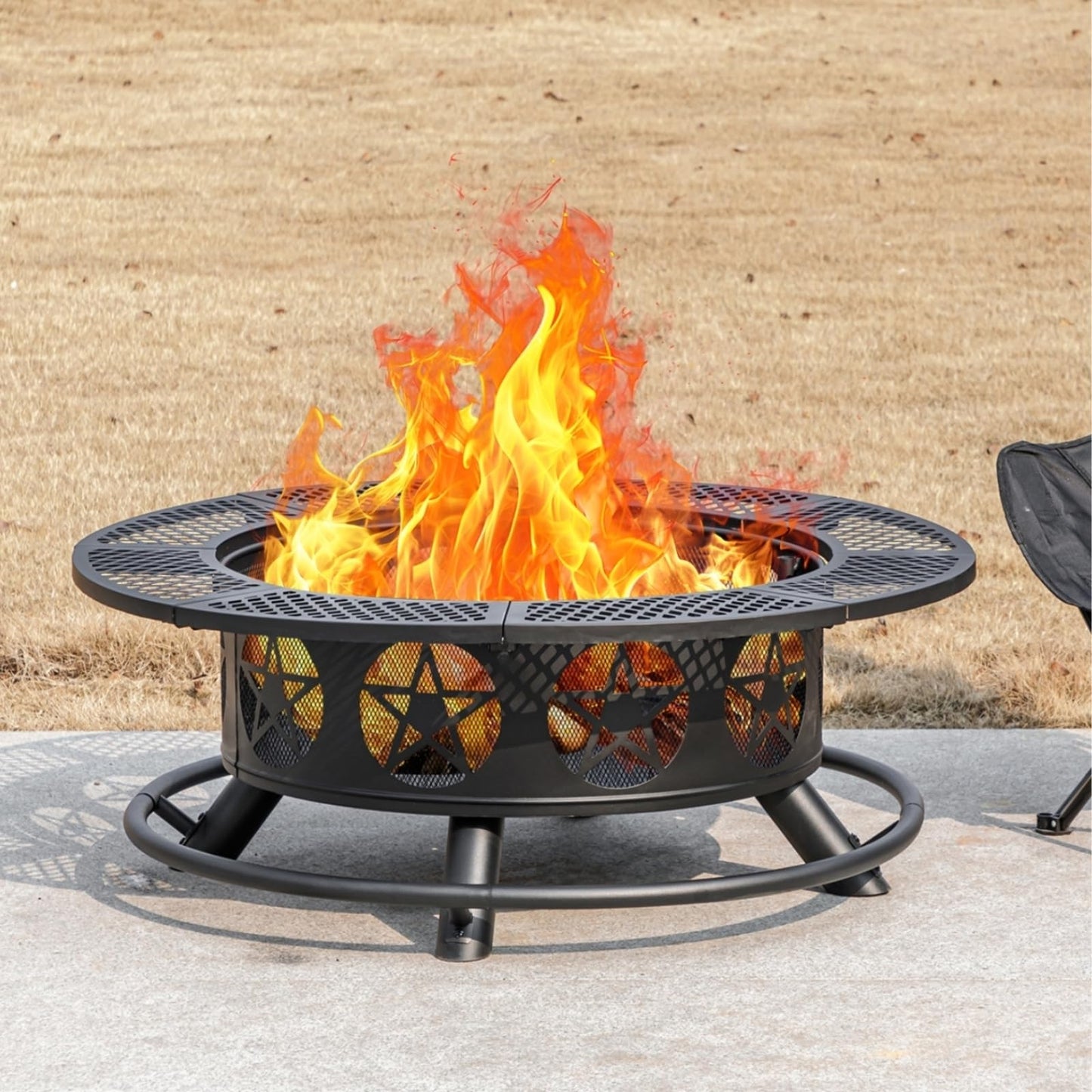 OutVue 36 Inch Fire Pit with 2 Grills, Wood Burning Fire Pits for Outside with Lid & Poker, BBQ& Outdoor Firepit & Round Metal Table 3 in 1 for Patio, Picnic, Party - CookCave