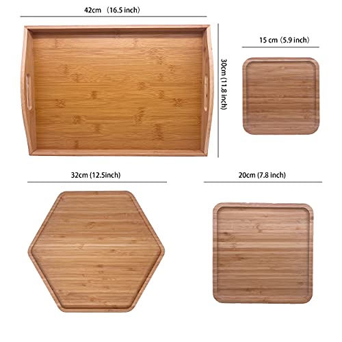 PAFREWOG Bamboo Serving Trays Charcuterie Platter 16.5"x11.8"(42x30cm with Handle, Set Includes 1xHexagon 12.5"(32cm)+1xSquare 7.8"(20cm)+1xSquare 5.9"(15cm) Small Plates for Family Dinner - CookCave
