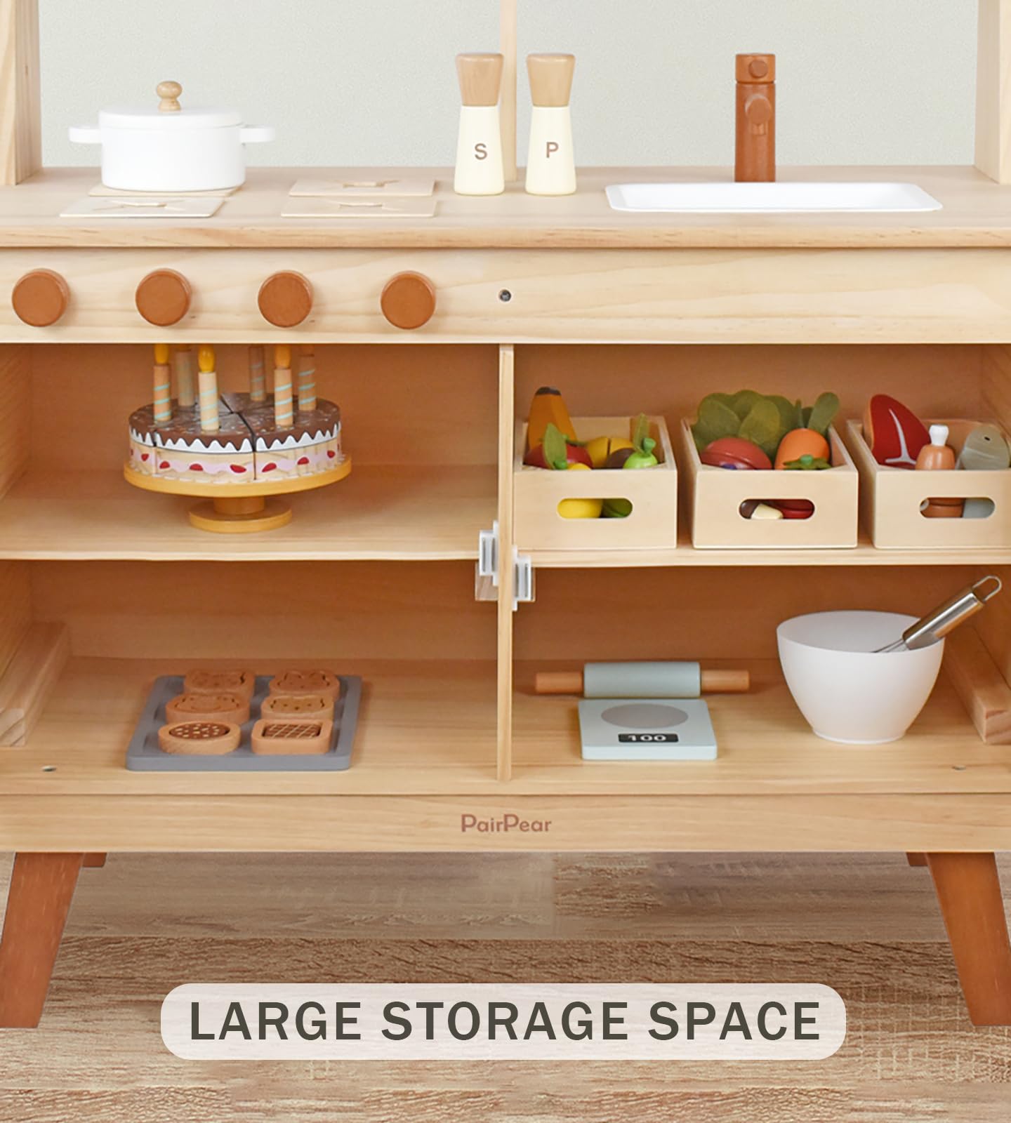 PairPear Play Kitchen for Kids, Natural Wooden Kids Kitchen Playset with Toy Kitchen Cooking Set Play Food, Pretend Play Kids Play Kitchen Toys Gift for Ages 3+ - CookCave