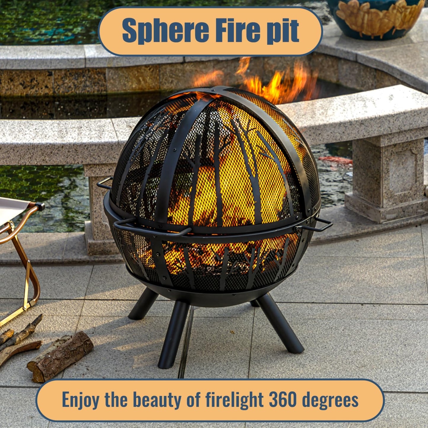 Panovue 35 Inch Wood Burning Fire Pit with BBQ Grill, Heavy Duty Fire Pits Ball for Outside with Spark Screen & Removable Ash Pan, Outdoor firepit & Fireplace for Bonfire in Garden, Yard - CookCave