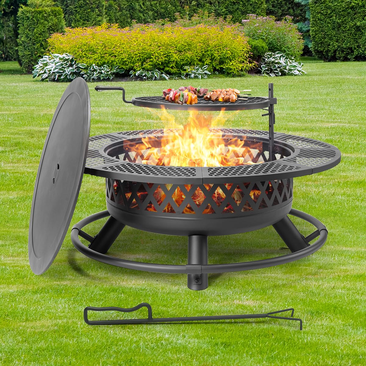 Panovue 42 Inch Outdoor Fire Pit with Grill, Large Firepit Table for Outside, Metal Round Firepits with Lid&Fire Poker,3 in 1 Wood Burning Fire Pits & Outdoor Fireplaces for Backyard,Patio(Black) - CookCave