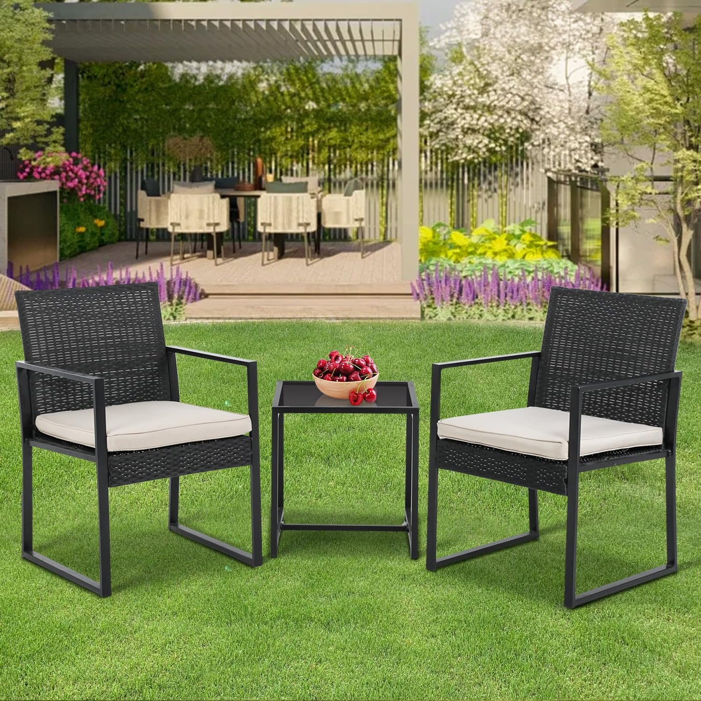 PayLessHere 3 Pieces Wicker Outdoor Furniture Rattan Patio Furniture Set Patio Chairs Balcony Chairs with 2 Outdoor Chairs Coffee Table Cushions for Poolside Balcony Bar Garden,Khaki - CookCave