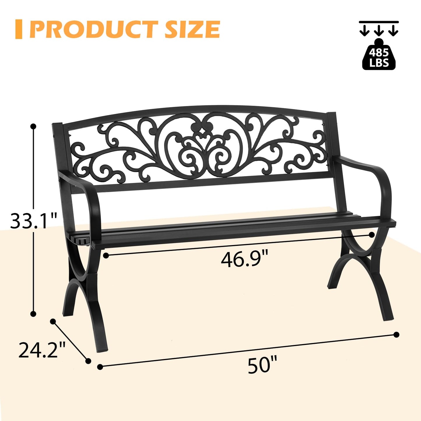 PayLessHere Black Outdoor Metal Loveseat Chairs Patio Garden Bench 50-inch Slatted Seat Armrests Floral Design Plastics Backres Perfect for Park, Yard, Porch, Lawn, Balcony, Backyard - CookCave