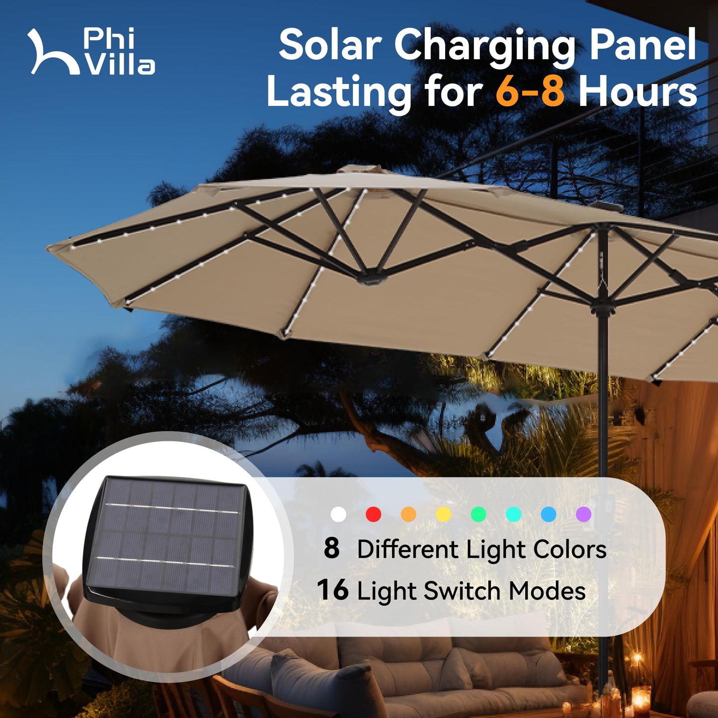 PHI VILLA 13ft Large Patio Umbrella with Solar Lights, Double-Sided Outdoor Market Rectangle Umbrella with 120 PCS LED Lights, Beige (No Base) - CookCave