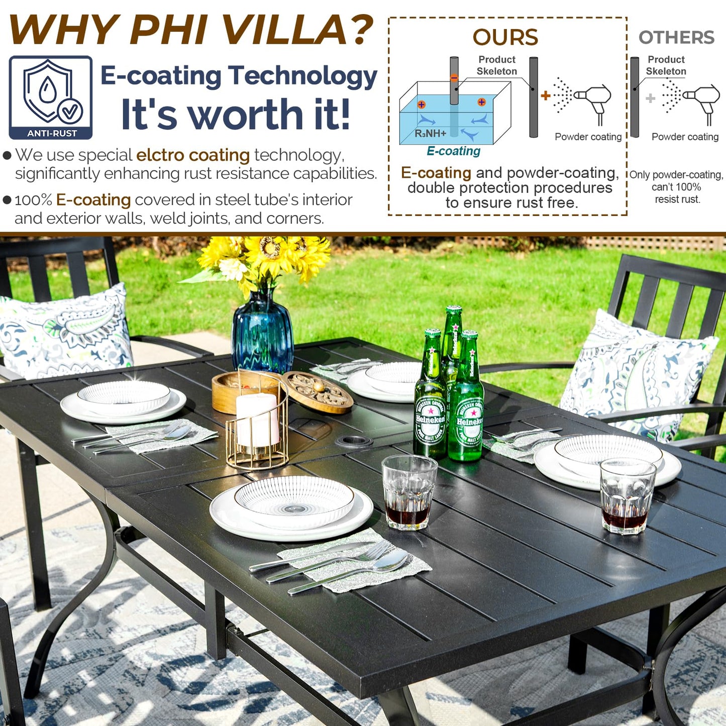 PHI VILLA 7 Piece Outdoor Dining Set for 6, 60” Rectangular Metal Steel Dining Table with Umbrella Hole & Stackable Dining Chairs for Patio, Deck, Yard, Garden - CookCave
