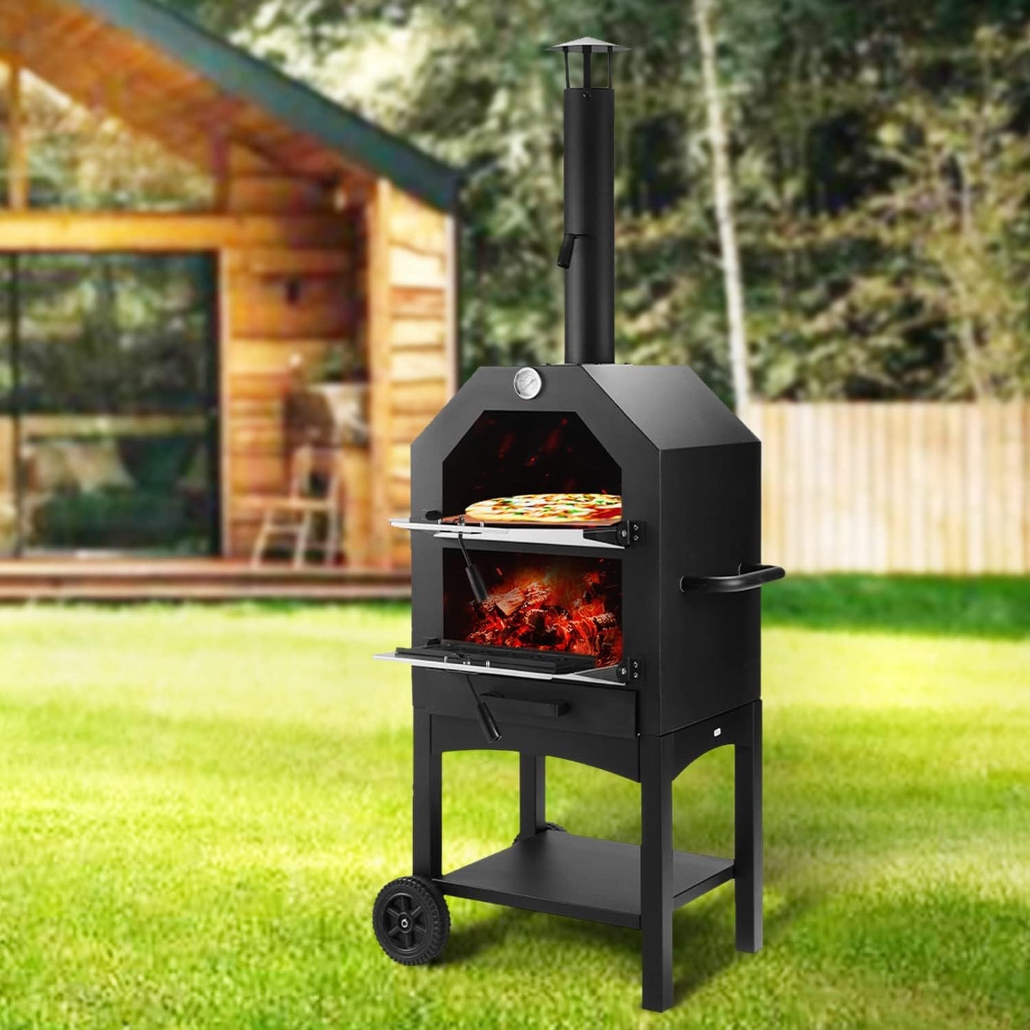 PLENTORA Outdoor Pizza Oven, Wood Fired Pizza Oven with Wheels for Outside, Portable Pizza Maker with Stone, Peel, Cover & Cooking Grids for Backyard, Patio, Camping, Black - CookCave