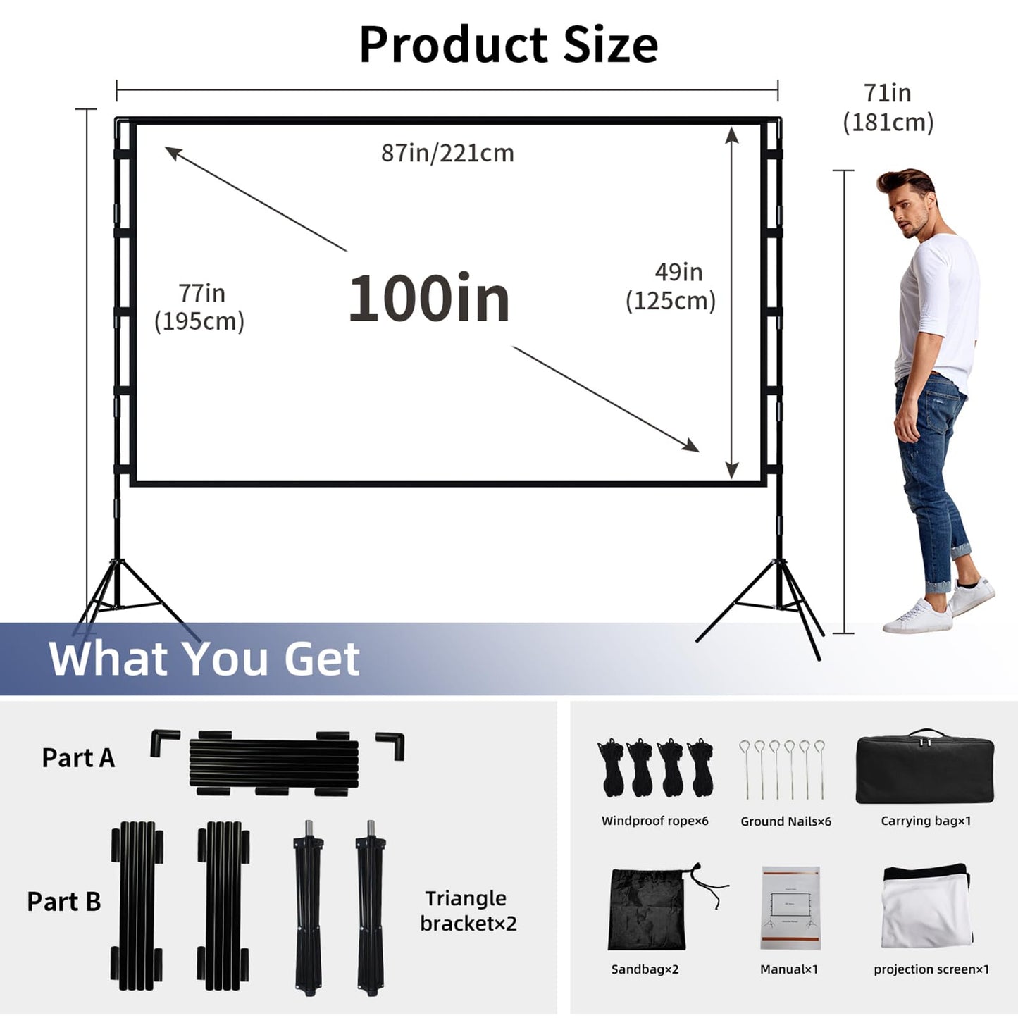 Projector Screen with Stand, Wootfairy 100 inch Foldable and Portable Projection Screen 16:9 4K HD Rear Front Wrinkle-Free Movie Screen with Carry Bag for Indoor Outdoor Home Theater Backyard Cinema - CookCave