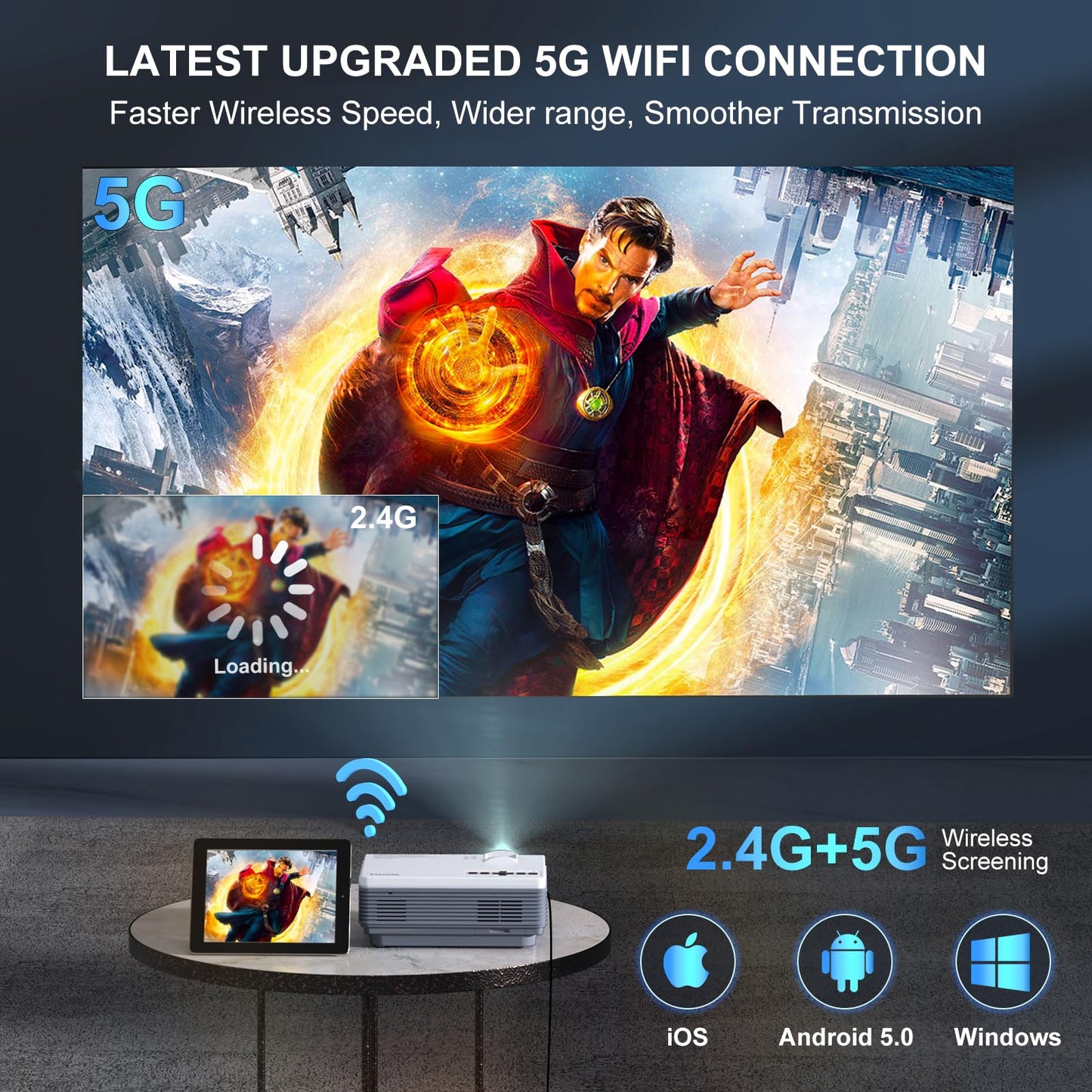 Projector with WiFi and Bluetooth, FUDONI Upgrade Projector Native 1080P 14000L 4K Supported, Portable Movie Outdoor Projector for Home Theater, Compatible w HDMI/USB/TV Stick/Laptop/iOS Android Phone - CookCave