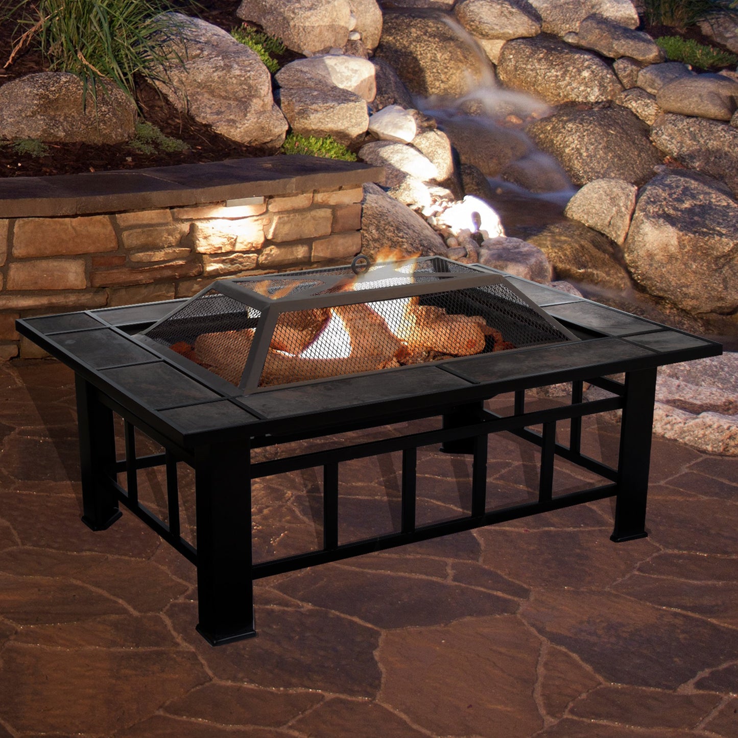 Pure Garden W150098 37" Tile Rectangular Fire Pit, Black - CookCave