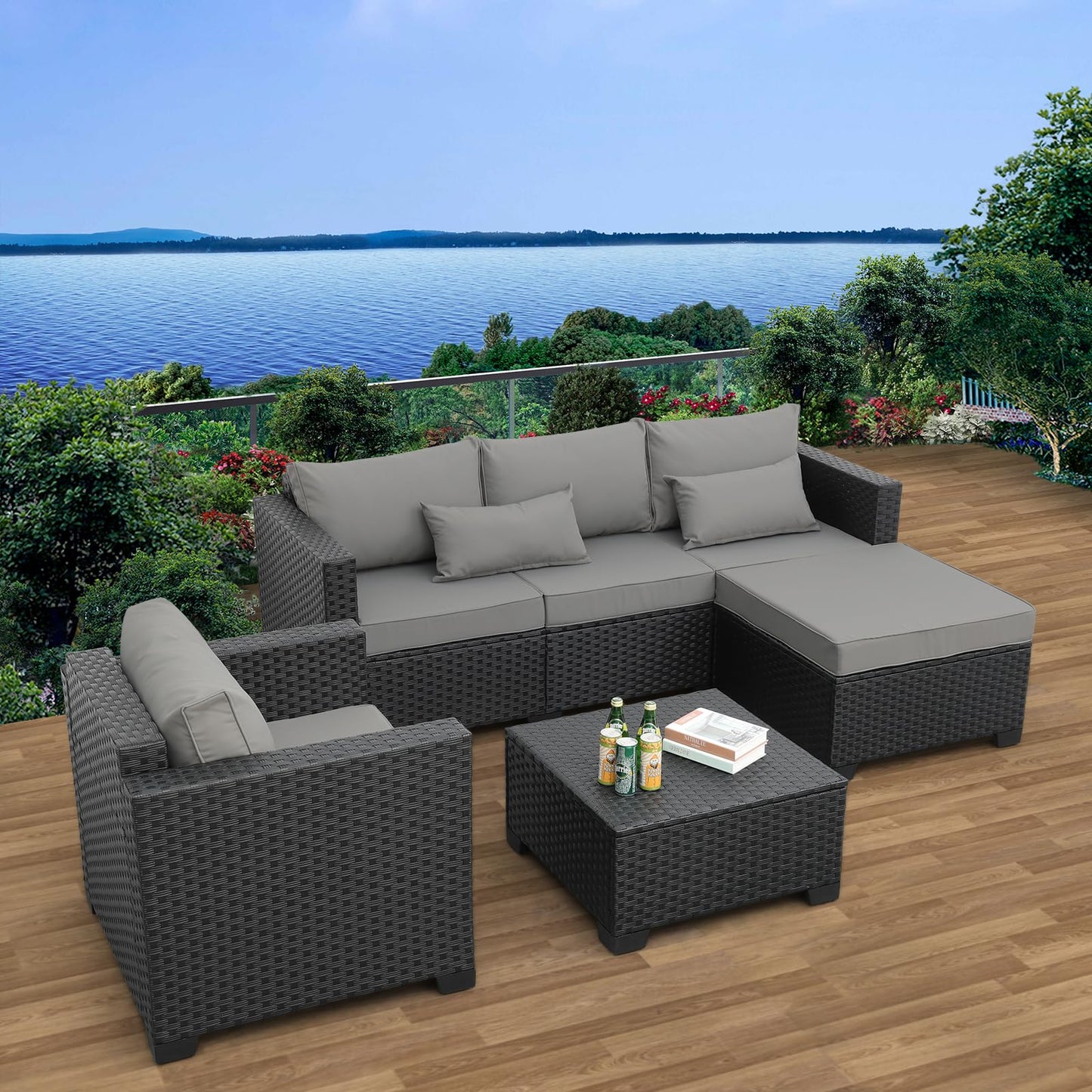 Rattaner Wicker Patio Furniture Outdoor Couch 4 Pcs Patio Furniture Set Outdoor Sectional with Patio Single Chair Outdoor Storage Table All-Weather Non-Slip Cushions Waterproof Covers, Light Grey - CookCave