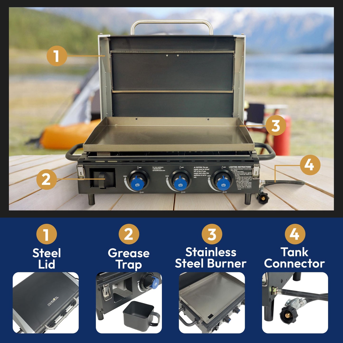 Razor Griddle Gas Grill & Griddle for Backyard Cooking and Camping, Portable Tabletop Stove - CookCave