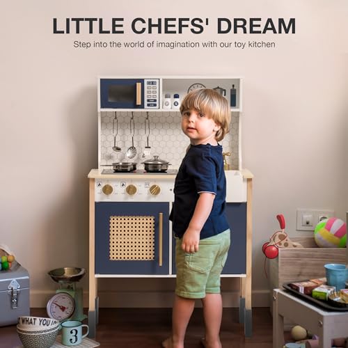 ROBOTIME Wooden Play Kitchen, Kids & Toddlers Kitchen Playset, Kids Play Kitchen Pretend Play Set with Lights & Sounds, Toy Kitchen for Ages 3+ (Blue) - CookCave