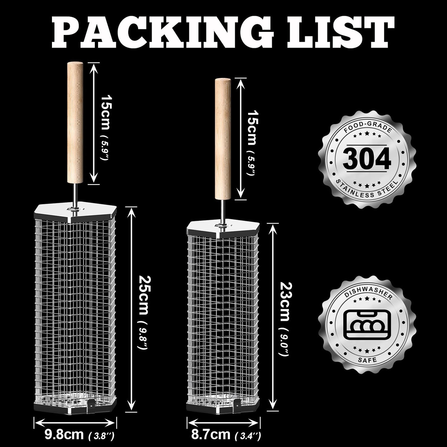 Rolling Grill Baskets(2PCS, Hexagon), Removable Wooden Handle, 304 Stainless Steel, Nesting Grilling Net, BBQ Accessories Tools for Vegetables Shrimp, Outdoor Cooking Camping, Birthday Gifts for Men Dad Husband - CookCave