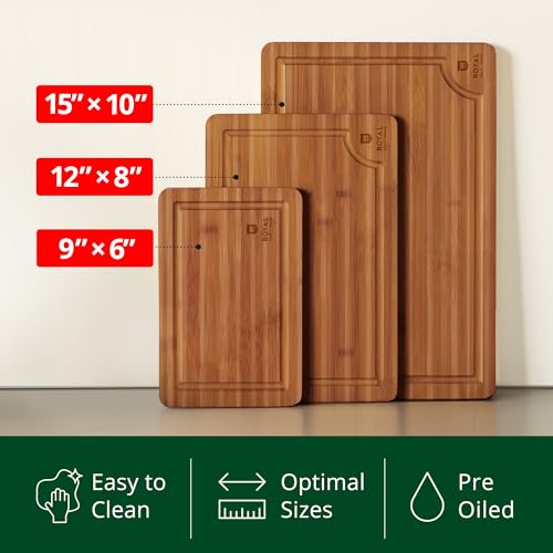 ROYAL CRAFT WOOD Wooden Cutting Boards for Kitchen Meal Prep & Serving - Bamboo Wood Serving Board Set with Deep Juice Groove Side Handles - Charcuterie & Chopping Butcher Block for Meat (3 Pcs) - CookCave