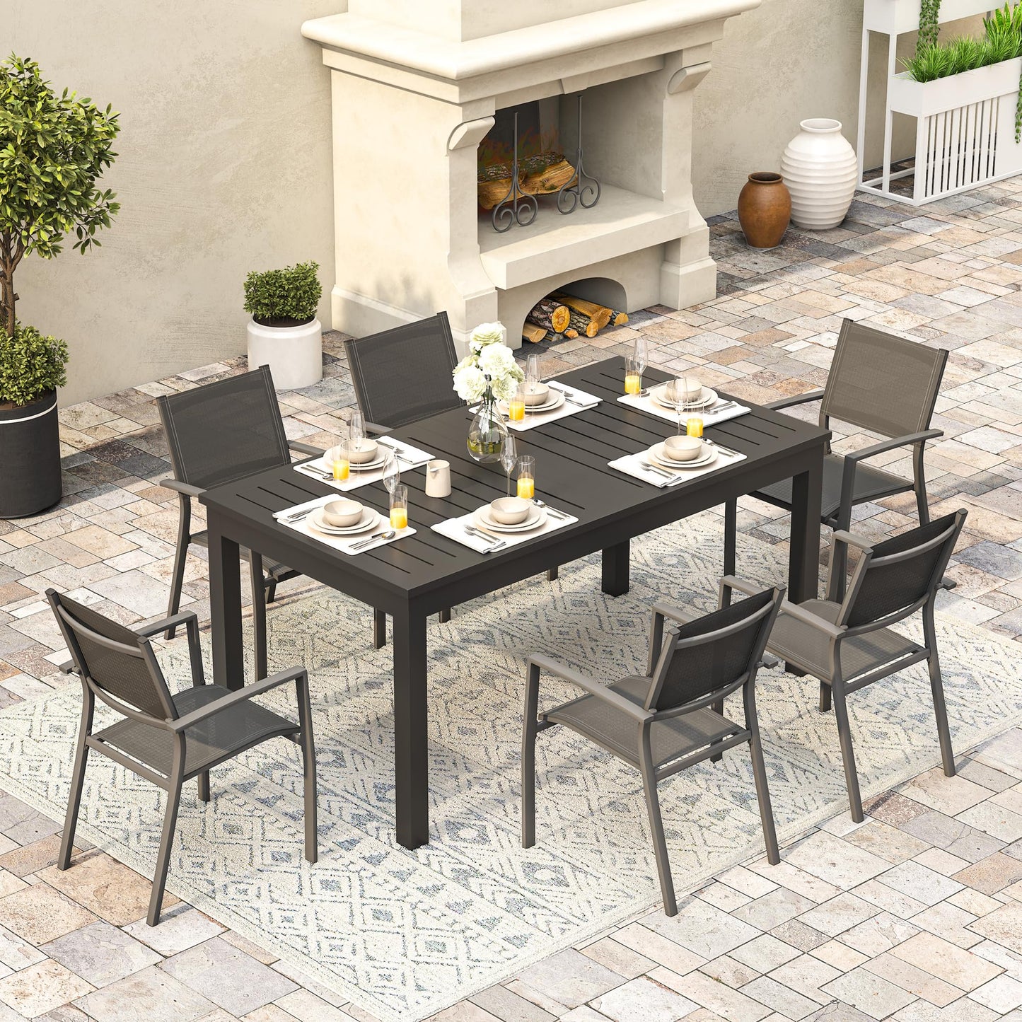 RoyalCraft Patio Expandable Table Dining Set for 4 to 10, Aluminum Outdoor Dining Table, Rectangular Patio Metal Table with Umbrella Hole for Backyard Porch, Deck ? Garden, Easy Assembly, Dark Grey - CookCave