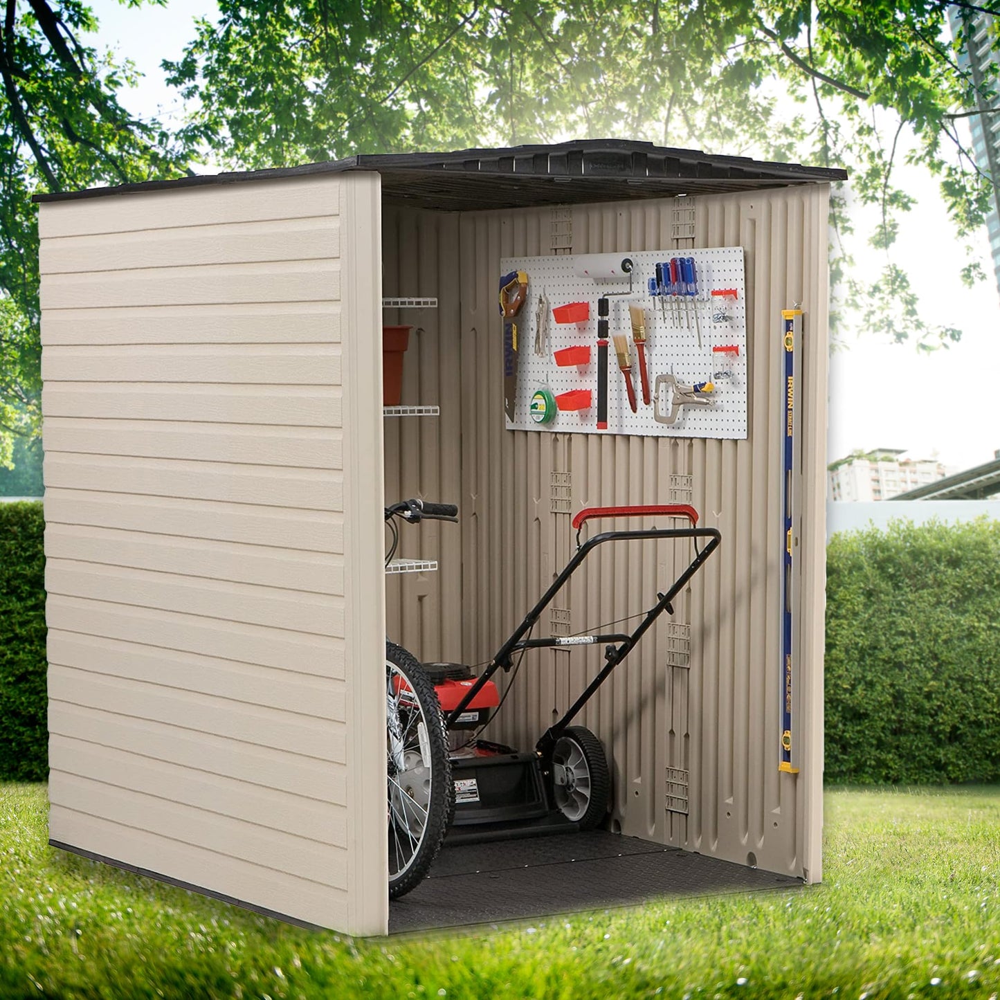 Rubbermaid Large Vertical Resin Outdoor Storage Shed With Floor (6.2 x 4.6 Ft), Weather Resistant, Beige/Brown, Organization for Home/Backyard/Garden Tools/Lawn Mower/Bike Storage/Pool Supplies - CookCave