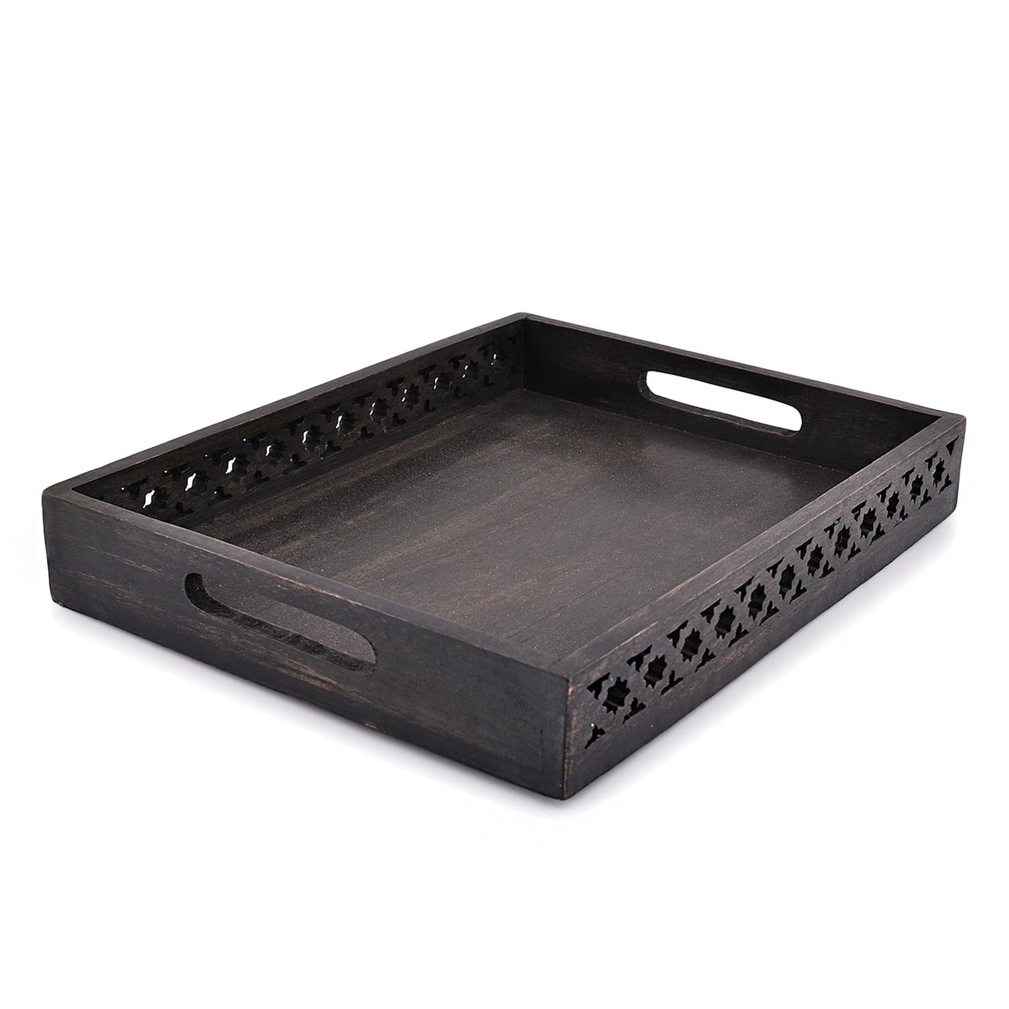 Samhita Serving Trays Mango Wood Rectangular Serving Tray, Wood Plate, Tea/Drink Platter, Dinner Serving Tray, Snack Tray (Black) (14" x 11" x 2") - CookCave