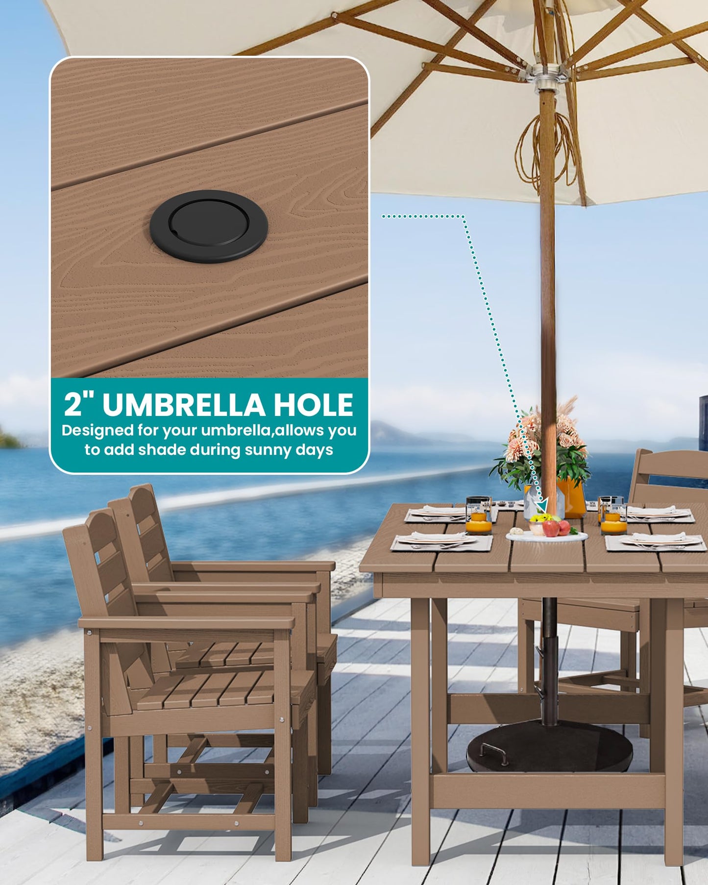 SERWALL 7-Piece Patio Outdoor Table & Chairs, HDPE Dining Set with Umbrella Hole & All-Weather Design for Lawn, Backyard, Poolside, Brown - CookCave