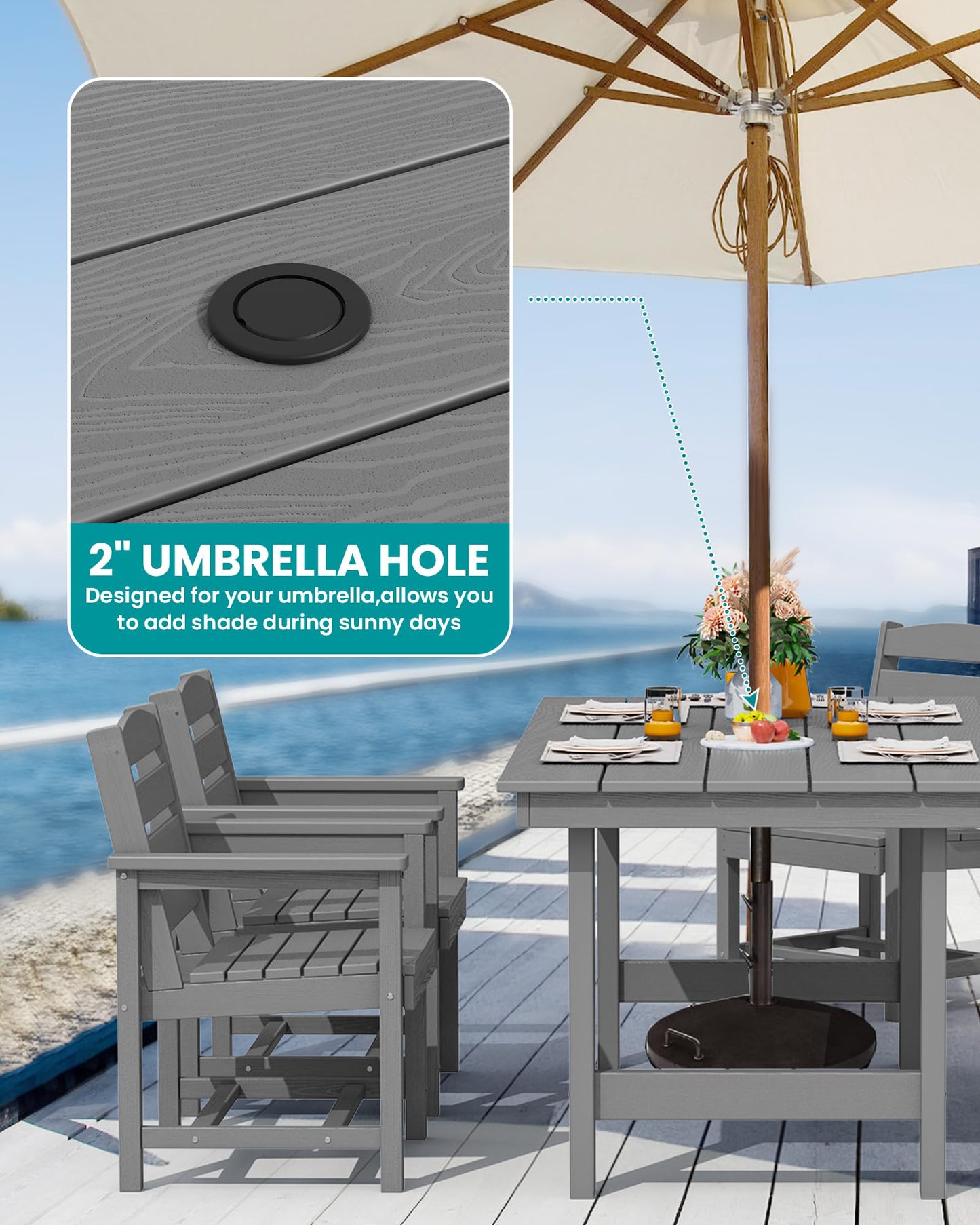 SERWALL Outdoor HDPE Dining Table Set, 7-Piece Outdoor Dining Table Sets with Umbrella Hole Cut-Out Table and 6 Chairs, Gray - CookCave