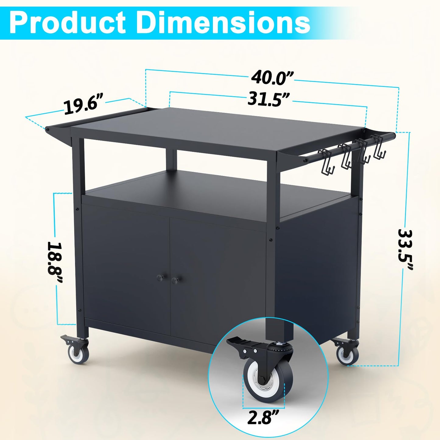 SEUNSHANY Outdoor Grill Table with Storage, Movable Grill Cart, Outdoor Kitchen Island Prep Stand Station,Blackstone Griddle Stand, BBQ Serving Cart Rolling Bar Cart with 4 Utensil Hooks - CookCave