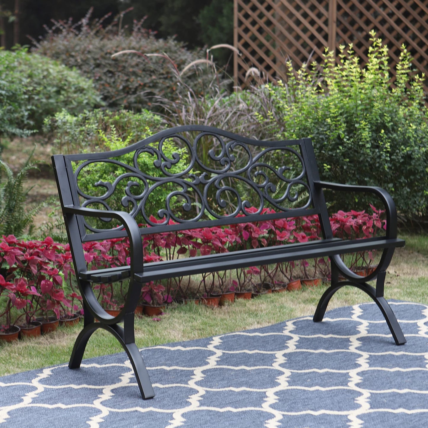 Sophia & William 50" Outdoor Garden Bench Patio Park Bench, Cast Iron Metal Frame Furniture with Floral Design Backrest for Porch Yard Lawn Deck, Black - CookCave