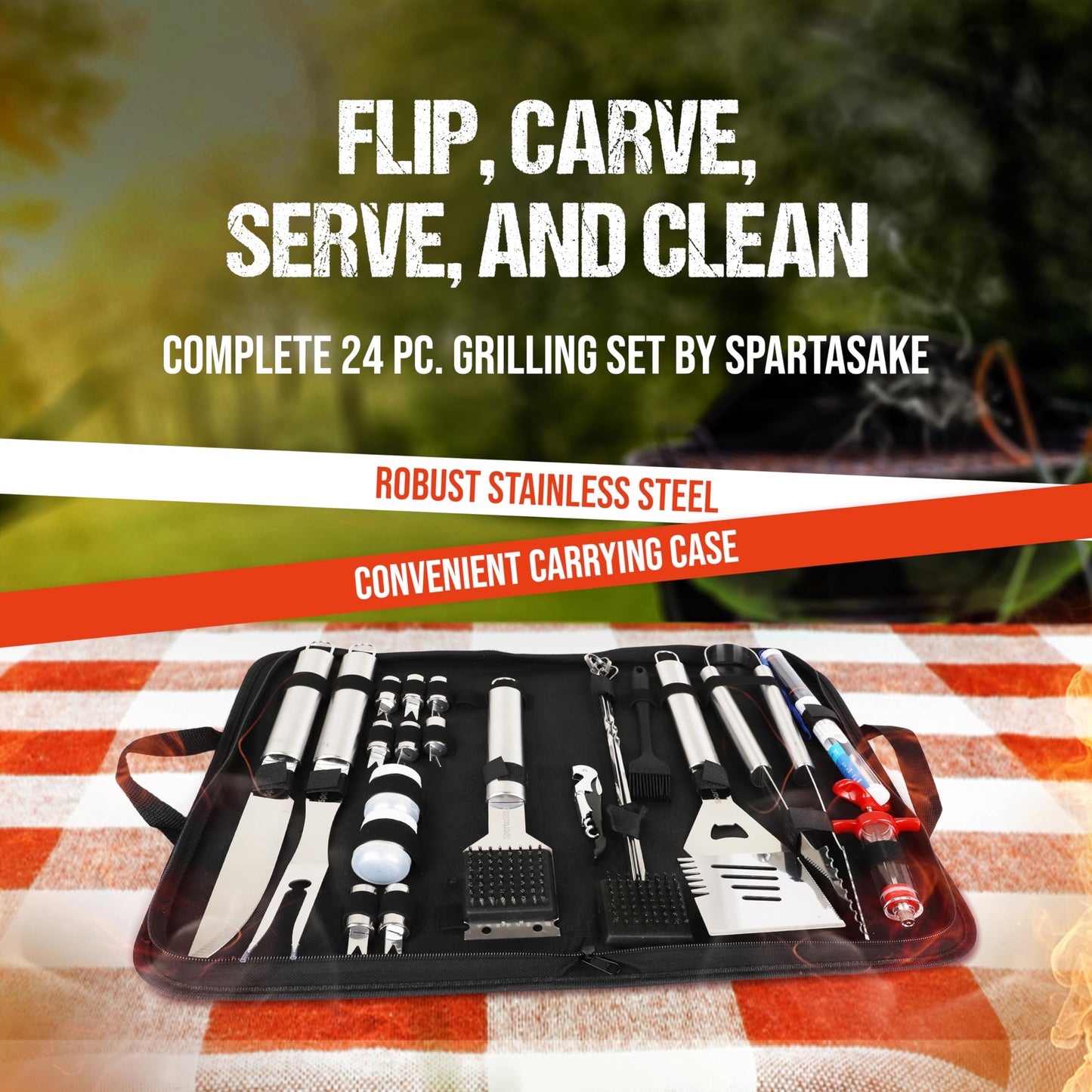 SpartaSake BBQ Grilling Accessories - Stainless Steel Barbecue Grill Tools Accessories kit Spatula Thermometer Tongs for Blackstone Griddle Outdoor Camping-Grill Set Gifts for dad Men Women(24 pcs) - CookCave