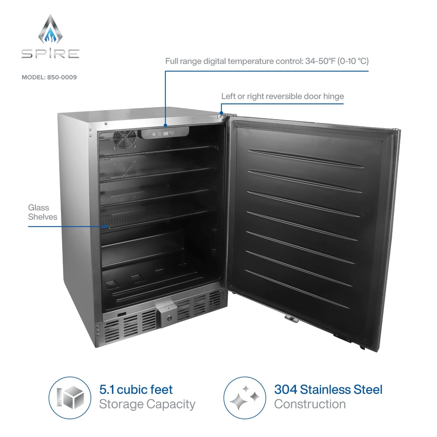 Spire 5.1 Cu.Ft. Compact Refrigerator with Premium Stainless Steel Exterior, Temperature Control 0 to 10°C, 4 Shelves, and Reversible Door - Big Mini Fridge for Outdoor, Kitchen, and More - 850-0009 - CookCave
