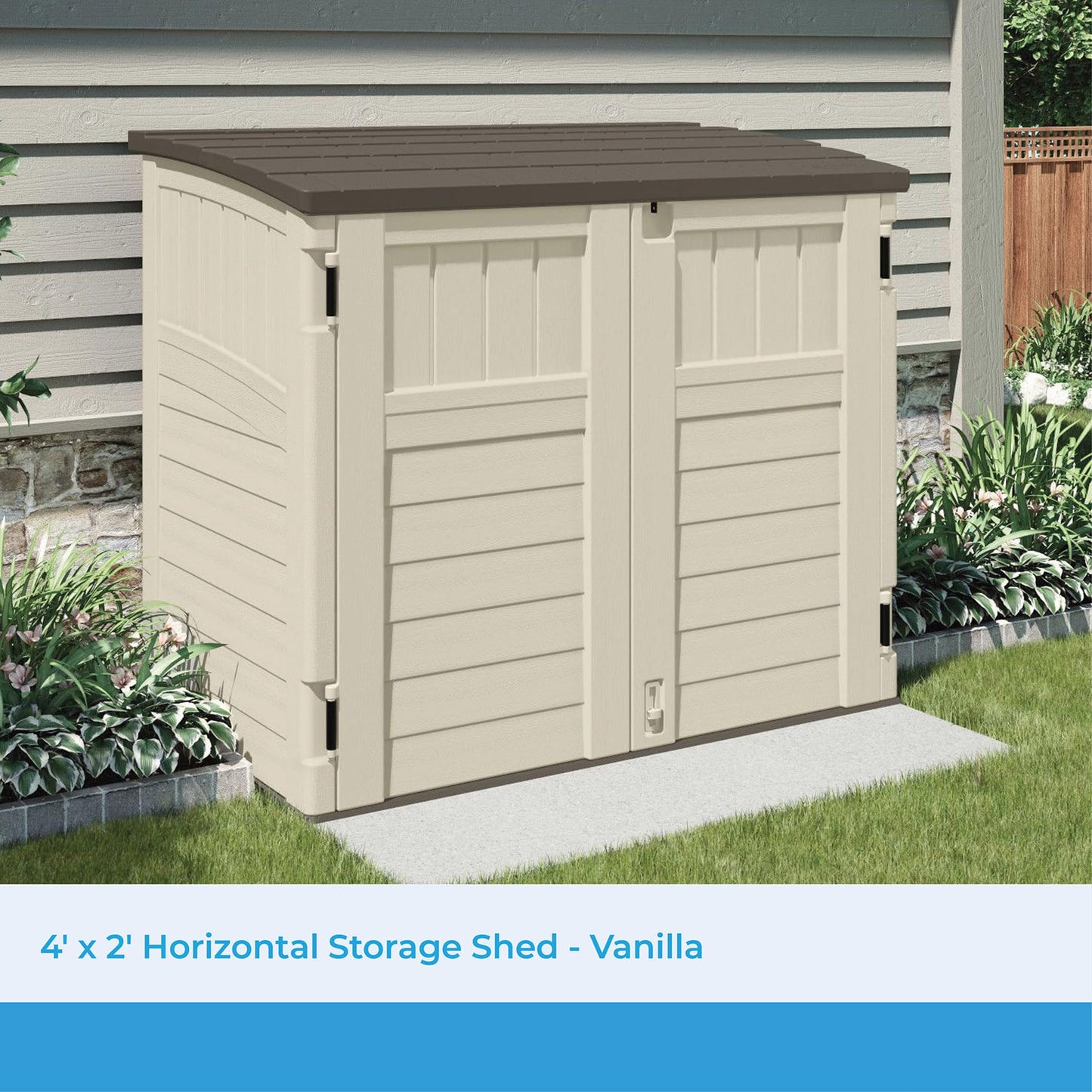 Suncast 34 Cu Ft Capacity Horizontal Outdoor Storage Shed for Garbage Cans, Garden Accessories, Backyard, and Patio Use, Vanilla - CookCave