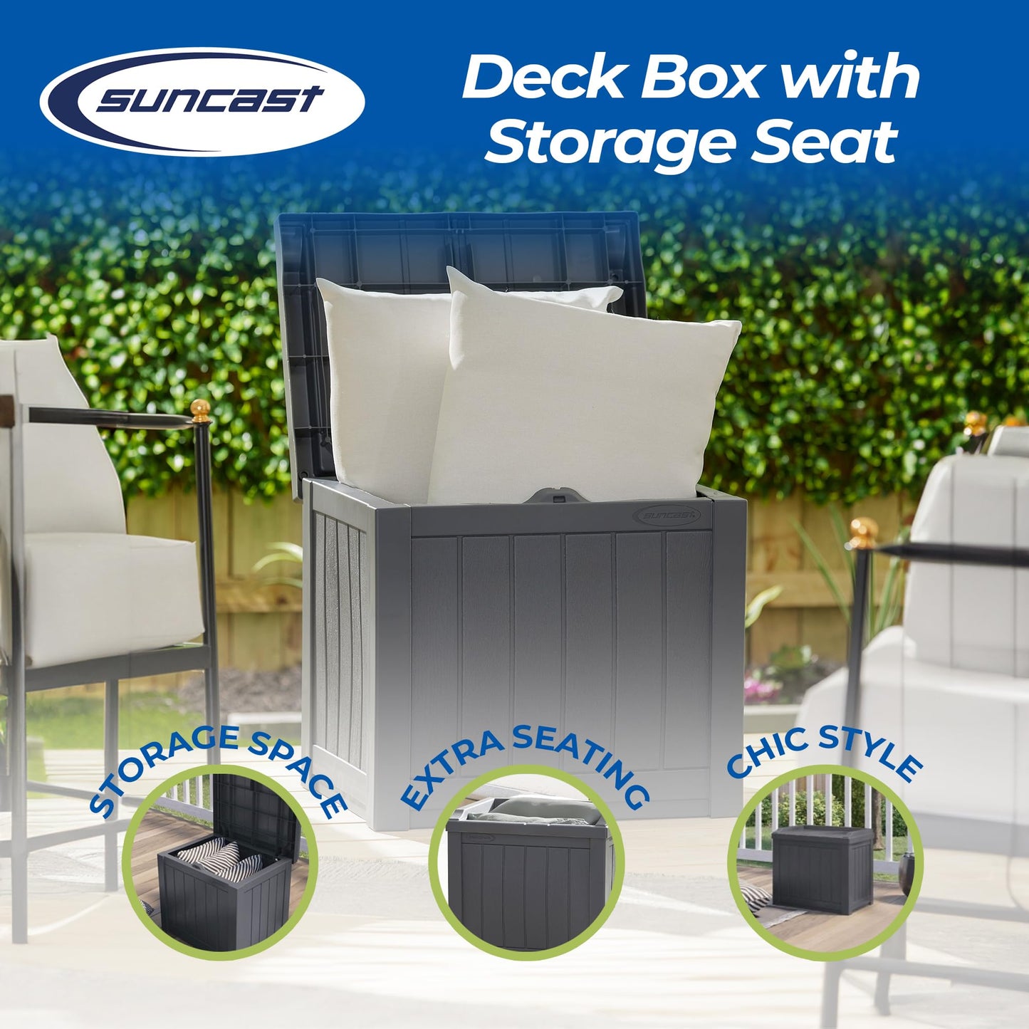 Suncast Small Deck Box Storage w/Bench Seat for Indoor & Outdoor Use, 22 Gal., Cyberspace - CookCave